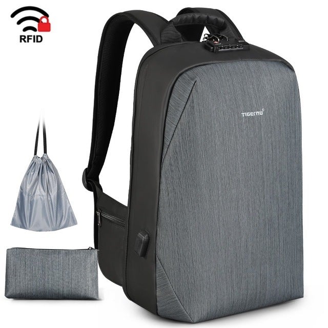 Waterproof Anti Theft Laptop Backpack Duffel Bags BeSmashing Grey 15.6 Inch + RFID Pouch 